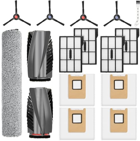 Lot de 16 accessoires pour robot aspirateur Eufy E25 / E28 Omni avec 1 paire de brosses principales, 4 sacs à poussière, 1 rouleau de nettoyage, 4 filtres HEPA, 2 paires de brosses latérales, 1 brosse