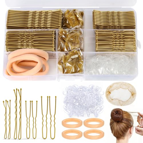 HONZUEN Set med 385 st hårnålar och hårnålar – 150 U-formade hårnålar, 125 Bobby hårgrepp, 100 genomskinliga elastiska hårband, 6 bullnät, 4 scrunchies, guldbulle kit med låda