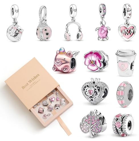 DOLLGIFT 12 Pcs Spacer Beads Charms for Jewellery Making, Pendant Beads for Pan Bracelet & Necklace, Sparking Charms Gift for Women Friends Family Birthday Anniversaries (Pink)
