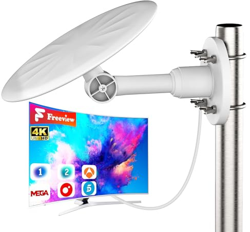 Antena TV Exterior 2026 – Recepción HD 720° para Smart TV y 4K – Señal de Largo Alcance, Cable Coaxial de 10 m, Instalación Fácil en Tejados o Paredes, Ideal para Tejados y Terrazas (Blanco)