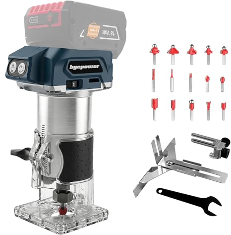Akku Oberfräse für Bosch 18V mit 30000 RPM Bürstenloser Motor | 5-Stufen Kantenfräse, Kabellose Holzfräse mit 6,35mm Durchmesser, mit 15pcs 1/4 Fräser für Holz & Kunststoff (ohne Akku)