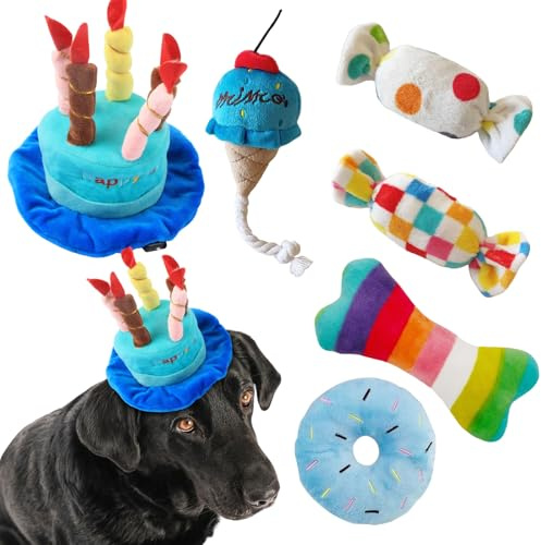 Set di 6 giocattoli per cani con sonaglio di compleanno, set di peluche blu con design a forma di osso e ciambella, regalo interattivo per cuccioli per razze piccole, medie e grandi, giochi per