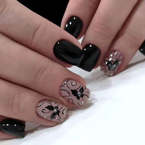 24pcs Short False Nails, Black Press on Nail with Butterfly Design,Removable Full Cover Acrylic Stick on Nails for Women,Nail Art Accessories (Black,Butterfly)