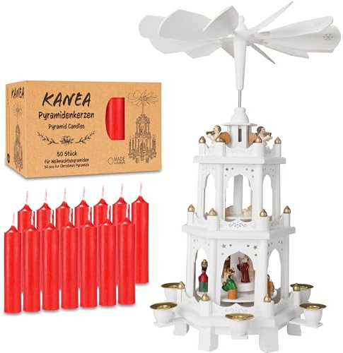 BRUBAKER White Christmas Pyramid incl. Pack of 50 Red Candles - Triple Level Rotating Carousel with Hand-Painted Wooden Figures - 17.7 inches (45 cm) Holiday Decoration