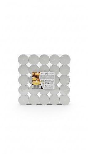 VELAS Lumar Pack de 50 Velas de Té (Tealights) de Larga Duración (4 Horas), Velas Pequeñas de Parafina para Decoración, Iluminación de Eventos y Quemadores de Esencia, Fabricado en España