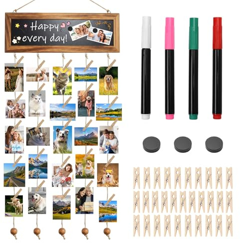 Kaluofan Fotovorhang zum Aufhängen, Bilderrahmen Collage mit 30 Klammern Leine Wanddeko,Fotowand DIY Bilderrahmen für Mehrere Bilder,Fotos Aufhängen für Geburtstag,Hochzeit,Muttertag und Wohnkultur
