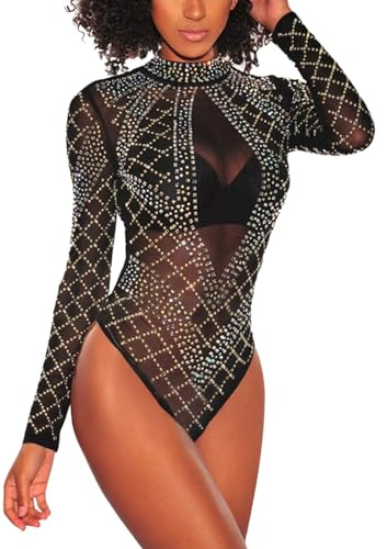 Damen Durchsichtig Bodysuit Y2K Transparent Mesh Body Langarm Netzoberteil Elegant Bodyshirt Partytop Rave Festival Outfit