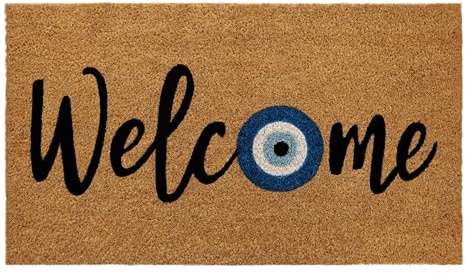 Croft&Cane Welcome Doormat - Evil Eye Coco Coir Door Mat - Non-Slip Dirt Trapping Low Profile Vinyl Backed Front Doormat for Indoor & Outdoor Use - Durable Easy Clean Patio Entryway Mat - 17x30 Inches