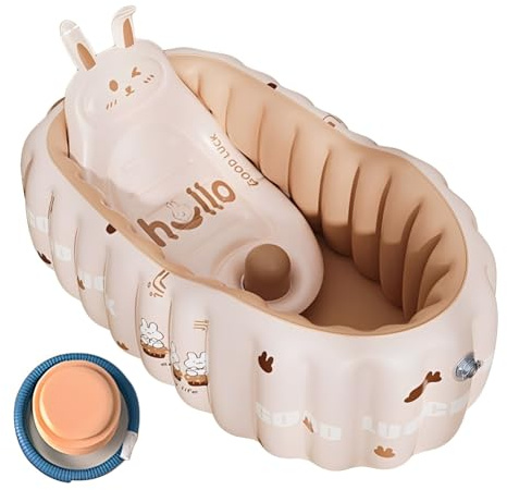 RANJIMA Baby Aufblasbare Badewanne mit Rückenlehne, Rutschfeste Babywanne für Neugeborene & Kleinkinder,Tragbare Reise Säugling Badewanne mit Sitz und Luftpumpe,Mini Luft Schwimmbad für Jungen Mädchen