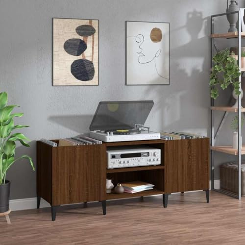 RMIHSJG Armadio a pannello marrone, effetto rovere, 121 x 38 x 48 cm, in legno per dischi in vinile, con spazio di archiviazione e piastra superiore stabile per giradischi, anche come mobile TV