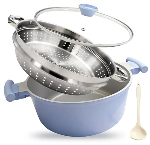 Casserole de 28 cm avec Couvercle, 7L Faitout avec Panier Vapeur- Bleu | Revêtement antiadhésif céramique, Cocotte à Double Poignée