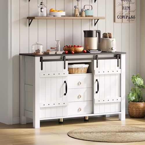 Merax Sideboard with Storage 120cm – Buffet Cabinet with Sliding Doors & 3 Drawers, Rustic Wood Coffee Bar Cabinet, Kitchen Storage Unit for Dining Room, Living Room & Hallway, White