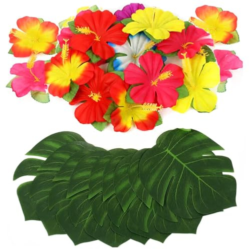 BAUCH 34 Pezzi Decorazioni Hawaiane per Feste, Include 24 Fiori di Ibisco e 10 Foglie di Monstera Artificiali, Addobbi Tropicali per Festa Aloha Luau Compleanno Matrimonio in Spiaggia e Tavola Estiva