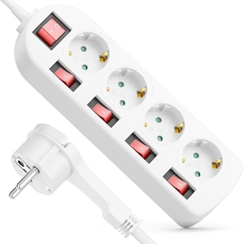 deleyCON Regleta 4 Tomas con Enchufe Plano - Interruptor ON/Off - Control Individual - 5m Cable - Base Múltiple Corriente Distribuidor Extensión Regleta Hogar Oficina 3680W - Blanco