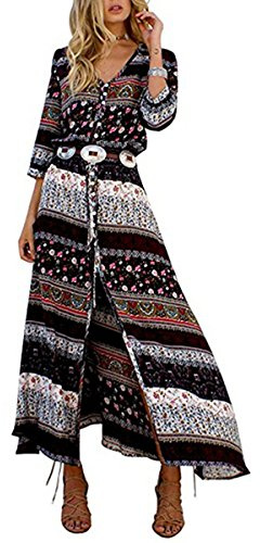Butterme - Vestito Lungo da Donna, Vintage, con Scollo a V, Floreale, Bohemia, Stampa Laterale, con Scollo Lungo, Maniche Lunghe, Maxi Vestito, da Spiaggia, Cardigan Sundress Cover ups
