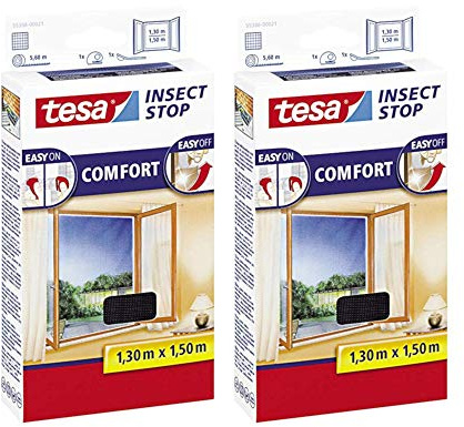 tesa Insect Stop Comfort Fliegengitter Fenster - Insektenschutz mit Klettband selbstklebend - Fliegen Netz ohne Bohren (2er Pack /130 cm x 150 cm, Anthrazit (Durchsichtig))
