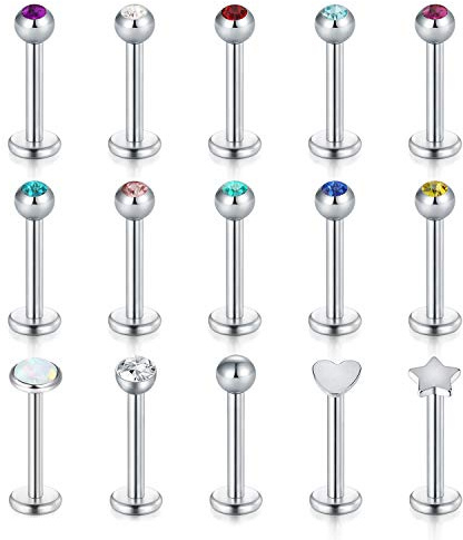 FECTAS 15stk Lippenpiercing Stecker Silber Edelstahl Labret Monroe Helix Tragus Helix Piercing Stecker 6/8/10mm mit Stein