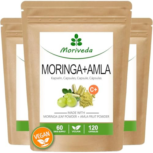 MoriVeda® Moringa + Amla Capsule 360 pezzi, Moringa ad alto dosaggio, pompa vitaminica con bacche di amla per il sistema immunitario e la digestione, Ayurveda, vegano e senza glutine, 3x120 capsule
