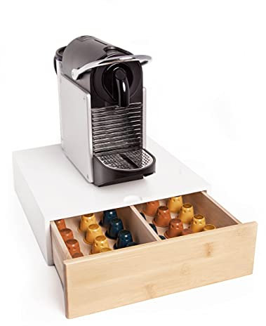 FMC SOLUTIONS Cassetto Porta Capsule o Cialde Compatibili con Nespresso e Dolce Gusto, Bustine e Accessori - Portacialde in Legno Massello, 31x30x10cm (Bianco)