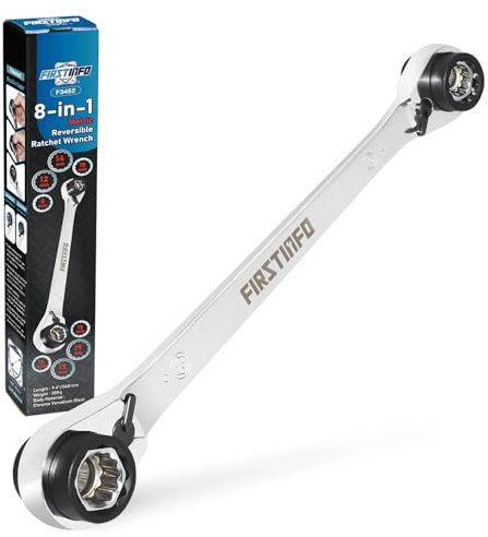 FIRSTINFO F3452 | Chiave a Cricchetto Combinata Reversibile 8 in 1 | 90 Denti | 12 Punti | Misure Metriche da 8 a 19 mm