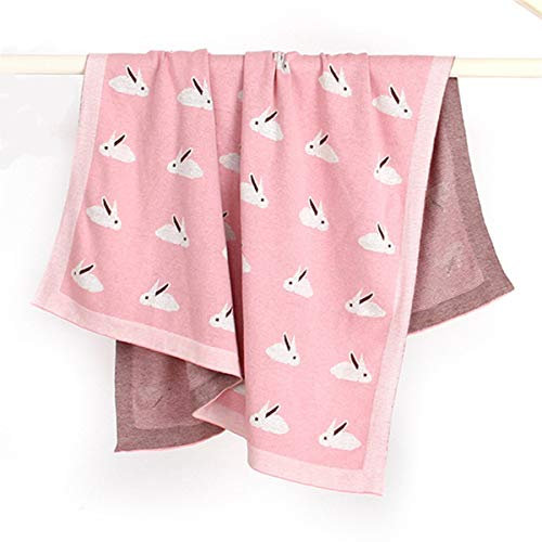 Surwin Strickdecke Babydecke Kuscheldecke Baumwolle, Mädchen und Jungen Babys Gestrickt Kinderdecke Freien Krabbeldecke Perfekt für Kinderwagen Babybett (80x100cm,Rosa Hase)