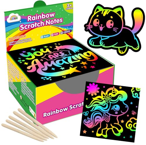 ZMLM Scratch Art for kids - 165 Magic Note Pads Cards Sheets, Scratch Art Notes, Rainbow Scratch Paper, Black Crafts Arts, Classroom Prizes,Birthday Gifts Girls Boys (multicoloured)