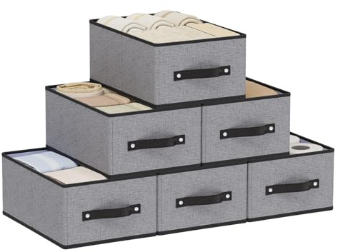 YheenLf 6 Stück Aufbewahrungsbox Stoff,Aufbewahrungskorb,Grau,33×23×14cm | Faltboxen mit Griffen,Kleiderschrank Schrank Organizer,Aufbewahrungskörbe,Kleiderbox,Ordnungsboxen,Stoffboxen