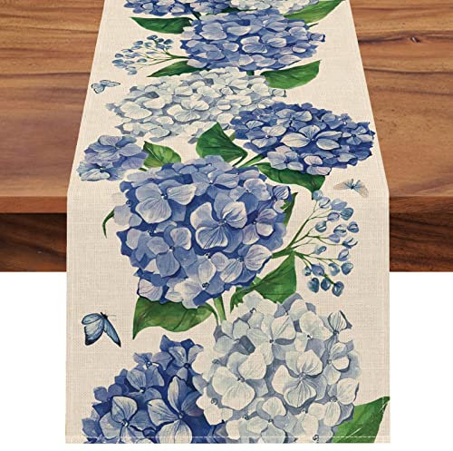 Seliem Frühlings-Hortensien-Blumen-Tischläufer, blauer Schmetterling, Küche, Esstisch, Dekoration, saisonale Sommer-Jute, Heimdekoration, Innen- und Außenbereich, Partyzubehör, 33 x 91,4 cm