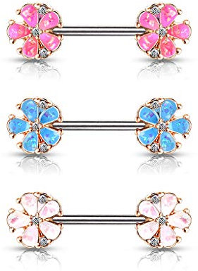 beyoutifulthings Brustwarzen-piercing SET Roségold Opal-Glitzer Blumen Pink Aqua Weiß Brust-piercing Nippel-piercing Chirurgenstahl Stab 14-mm