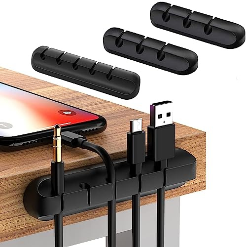 Cable Holder Clips, 3-Pack Cable Management Cord Organiser Clips Silicone Adhesive for USB Charging Cable Mouse Wire PC Office Home (Black)