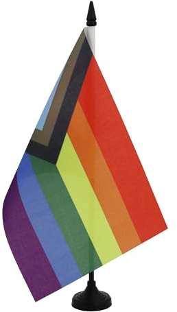 AZ FLAG Tischflagge Regenbogen Progress Pride 21x14 cm Kunststoffsockel | Für innen Schwul Tischflagge genähte Ausführung mit verstärkten Kanten mit Kunststoffstab 100D Polyester