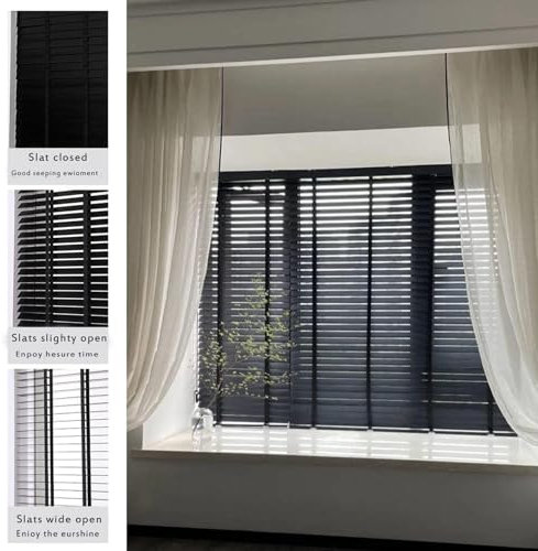 Schwarze Jalousien aus Holz for Türen und Fenster, horizontale Jalousien, 50 mm breite Lamellenvorhänge, Jalousien aus echtem Holz mit Klebeband und Zubehör, einfach zu installierende Fensterläden ( S