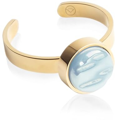 ALEXASCHA Goldring mit Stein in himmelblau • Offener Edelstahlring • 18k vergoldeter Edelstahl & recyceltes Glas • nachhaltiger Halbedelstein-Look • größenverstellbar (min. Ø 16 mm)