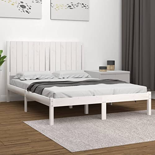 Gecheer Massivholzbett Holzbett Bettrahmen Komfortbett Seniorenbett Doppelbett Jugendbett Landhausbett Gästebett Betten Bett für Schlafzimmer, mit Kopfteil,Weiß Kiefer 140x200 cm