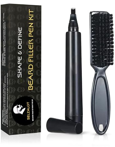 SELZALOT Beard Pen Filler for Men (4-Tip) - Black Beard Pencil Filler for Men Waterproof Patchy Beard Solution - Beard Filler Kit Long Lasting Beard Filling Pen with Brush