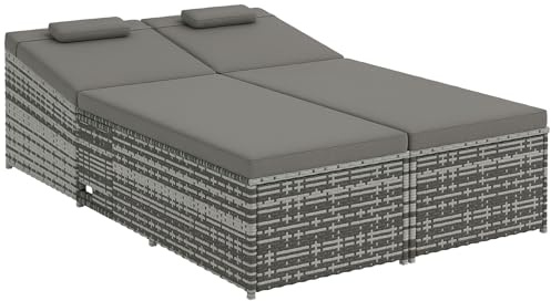 Outsunny Double Rattan Sun Lounger Garden Daybed Flip Side Trays Grey