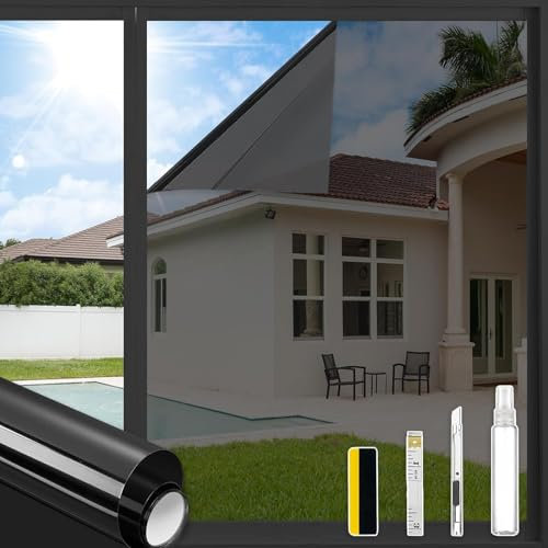 ConCus-T One Way Window Film UV Sun Blocker Heat Control Window Tint Privacy Reflective Static Cling Mirror Film Solar Film With Kit for Home Office, Black, 44.5x200cm