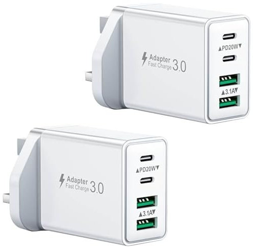 2-Pack 40W USB C Plug, Multi UK USB Plug Fast Charger Plug Multiple Charging Head 4-Port Dual Type C Power Adapter Multiport Wall Plug for iPhone 16 15 14 13 12 11 Pro Max Plus X XS XR 8,iPad,Samsung