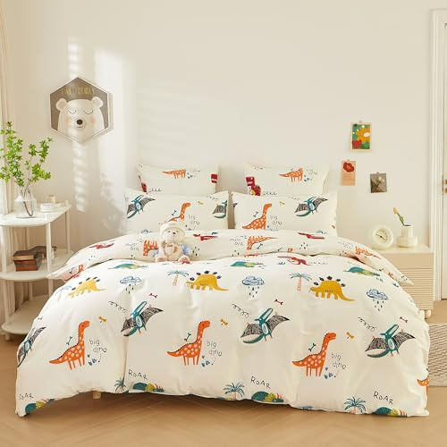 Luowei Beige Bettwäsche 135x200 cm Baumwolle Kinder Dinosaurier Karikatur Bettwäsche Set Warm interessant 100% Baumwolle Weich Bettbezug mit Kissenbezug 80x80cm