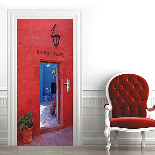 3D Türtapete Türaufkleber Selbstklebend Türfolie Poster Fototapete Türbilder Türtattoos Wasserdichte Tür Stickers für Kinderzimmer Wohnzimmer Badezimmer 100x200 cm Rote Wand