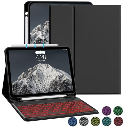 ZOYU Hülle mit Tastatur Kompatibel mit iPad Air 6./ 5./ 4. Generation 11 Zoll M2/10,9 Zoll, 7 Farbige Beleuchtete Tastatur mit Hülle für iPad Air 2024/2022/2020, Schwarz