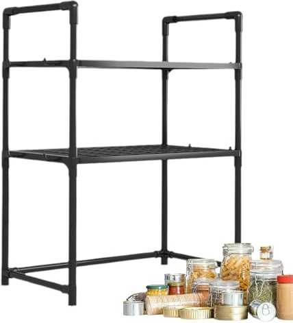 Estante de cocina – Estante de cubiertos de cocina, organizador de utensilios de cocina de encimera | Soporte ajustable para microondas, estante de almacenamiento de cocina con ganchos, organizador de