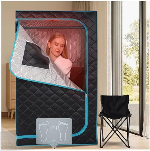 Smartmak Portable Infrared Sauna Box for Home with 660nm Red Light Therapy Lamp, Full Body Dry Sauna Tent, Personal Saunas with 6 Heaters, Heated Foot Pad, Foldable Chair for Body Recovery, Blackgreen