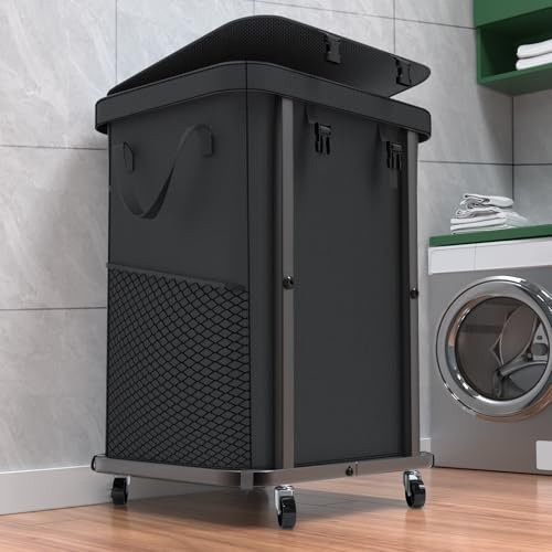 Hochwertiger großer Wäschekorb mit Rollen, rollender Wäschekorb, Wäschekorb mit Metallrahmen und abnehmbarem Beutel, geeignet für Waschküche, Schlafzimmer (Schwarz, 150 l) | Schmutziger Wäschekorb mit Metallrahmen und abnehmbarer Tasche, großer Rollkorb für Waschküche, Schlafzimmer, Schlafsaal