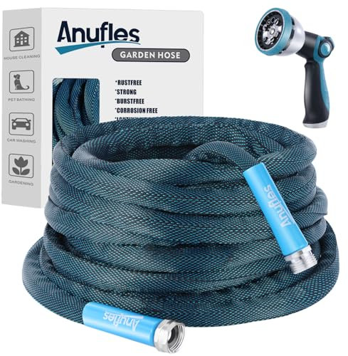 Aunfles Gartenschlauch, 7,6 m, flexibler Wasserschlauch mit 10 Sprühdüsen, leichtes Design, einfache Lagerung, auslaufsicher, kompakt, tragbar, Autowäsche für Hof (blau)