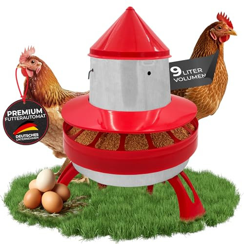 NATURTRIEB Futterautomat 9 Liter Volumen I Ideal für Hühnerfutter, Entenfutter, Wachtelfutter I Rostfrei & Galvanisiert I Sicher & Langlebig I Aufhängbar & Stehend I mit Anti-Waste Gitter