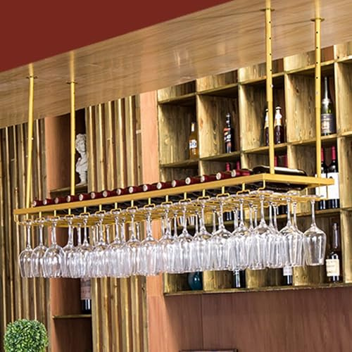 Suixtil Hängendes Weinregal mit Weinglashalter und Regal, verstellbare Deckenstange, Wein- Glashalter aus Goldmetall, Weinflaschenhalter Eisen(60cm)