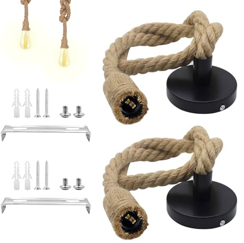OMIGA Lampenaufhängung 2 Stück Lampe Seil Retro Deckenlampe E27 | Hanfseillampe mit Kabel 100 cm Deckenlampe Industrial Seillampe für Küche Haus Cafe Bar Lager Beleuchtung (Ohne Birne)