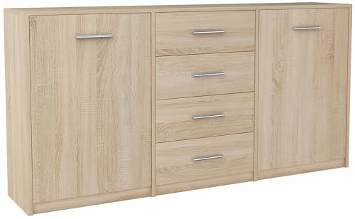 MATKAM Schlafzimmer Kommode mit Schubladen und Türen - Sideboard Wohnzimmer H:75xB:177xT:35 cm - Komode mit 4 Schubladen und 2 Türen - Komodenschrank für Schlafzimmer - Sonoma Eiche