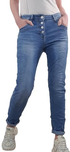 Karostar Dam stretch jeans | Basic boyfriend byxor | twillbyxor med knappslå, Mjuk denim, S